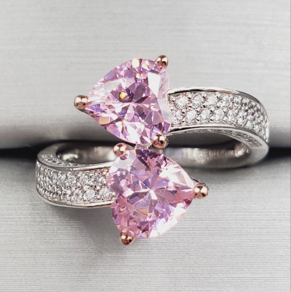 Pink Double Heart Silver Ring